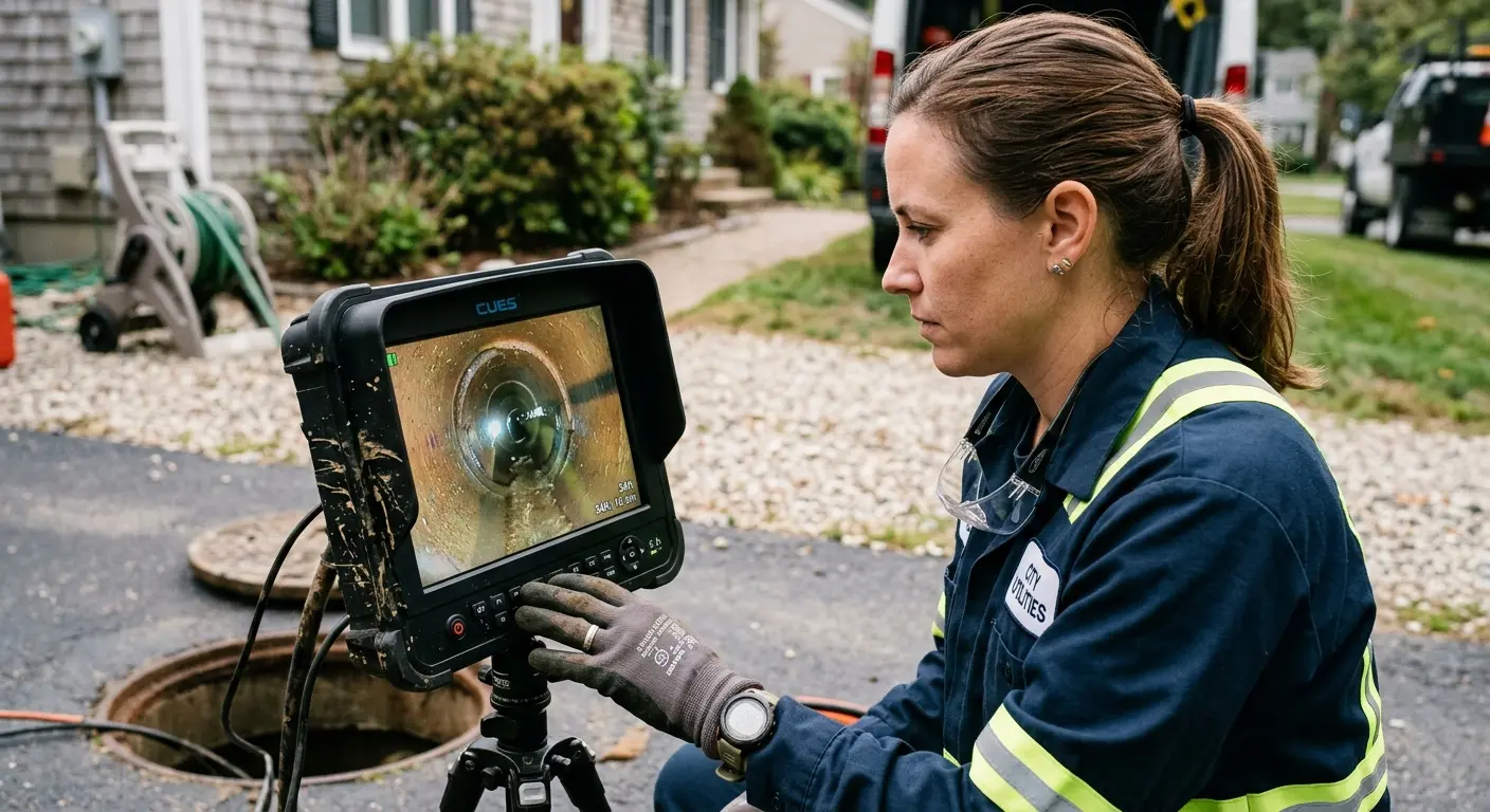 Technician reviewing sewer camera inspection footage in High Point