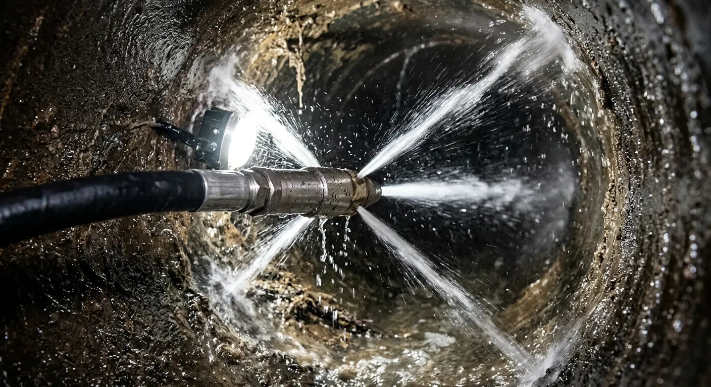High-pressure hydro jetting nozzle cleaning sewer pipe for Emergency Drain Service in High Point