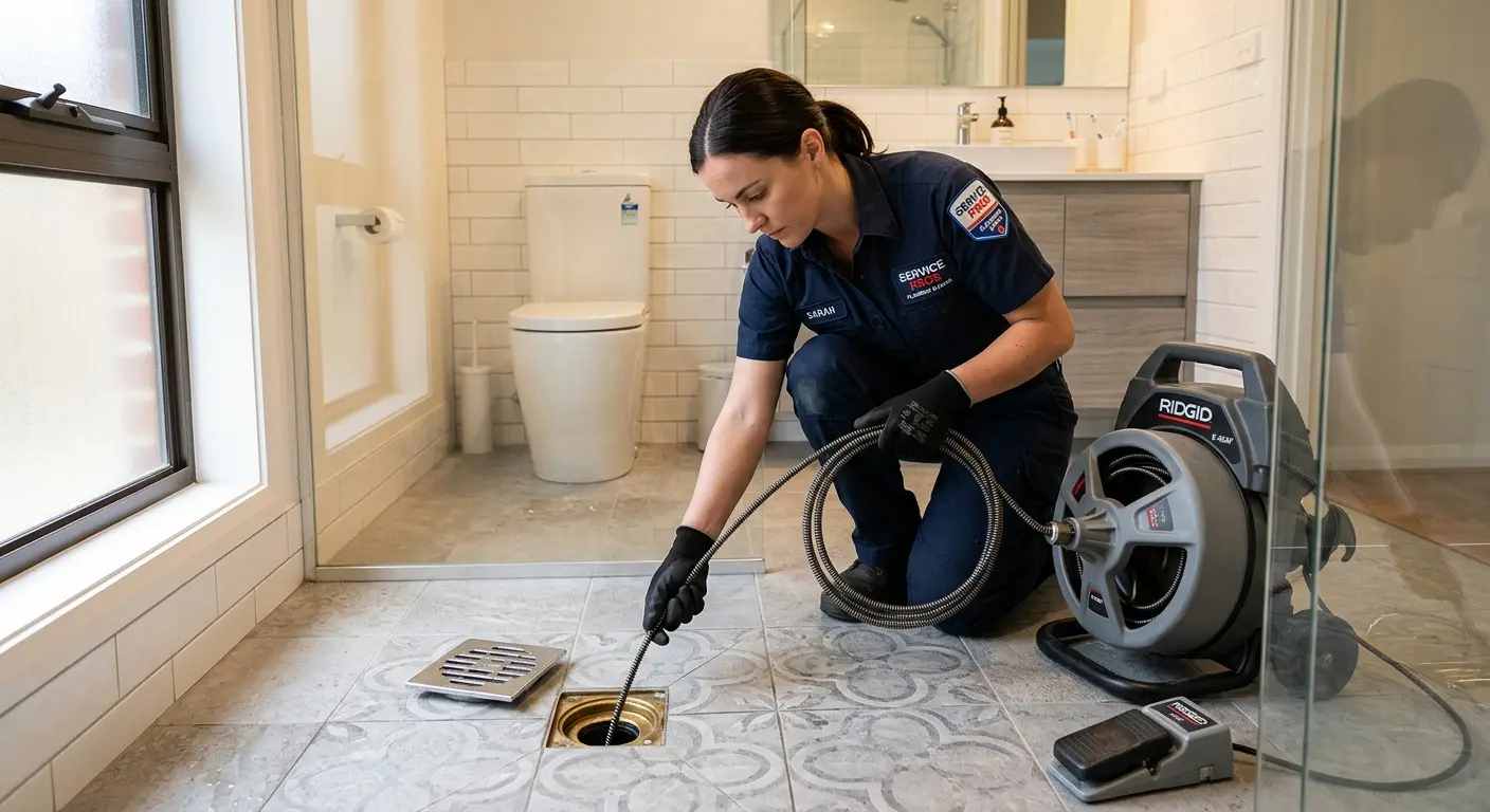 Technician clearing a bathroom floor drain for Clogged Drain Repair in High Point